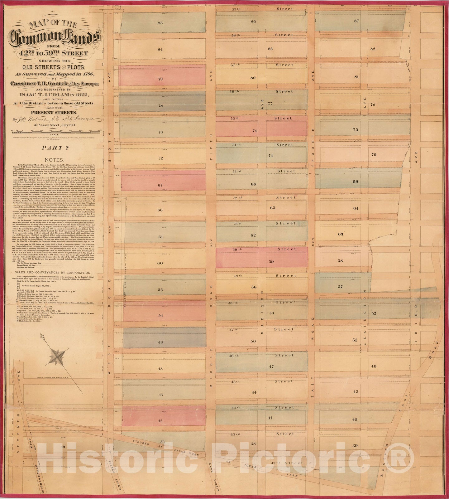 Historic Map : Map of the Common Lands From 42nd to 59th Street As Surveyed and Mapped in 1796, by Cassimer T. H. Goerck, 1874, John Bute Holmes, Vintage Wall Art