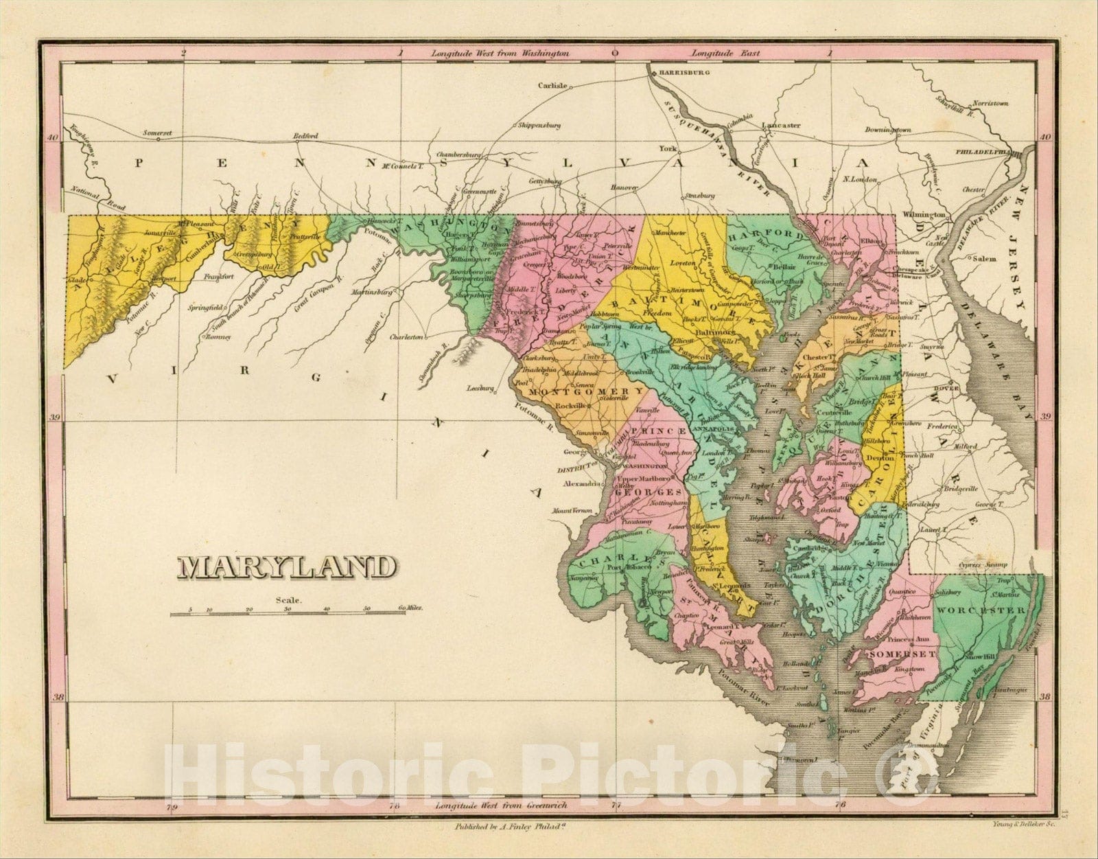 Historic Map : Maryland, 1826, Anthony Finley, Vintage Wall Art
