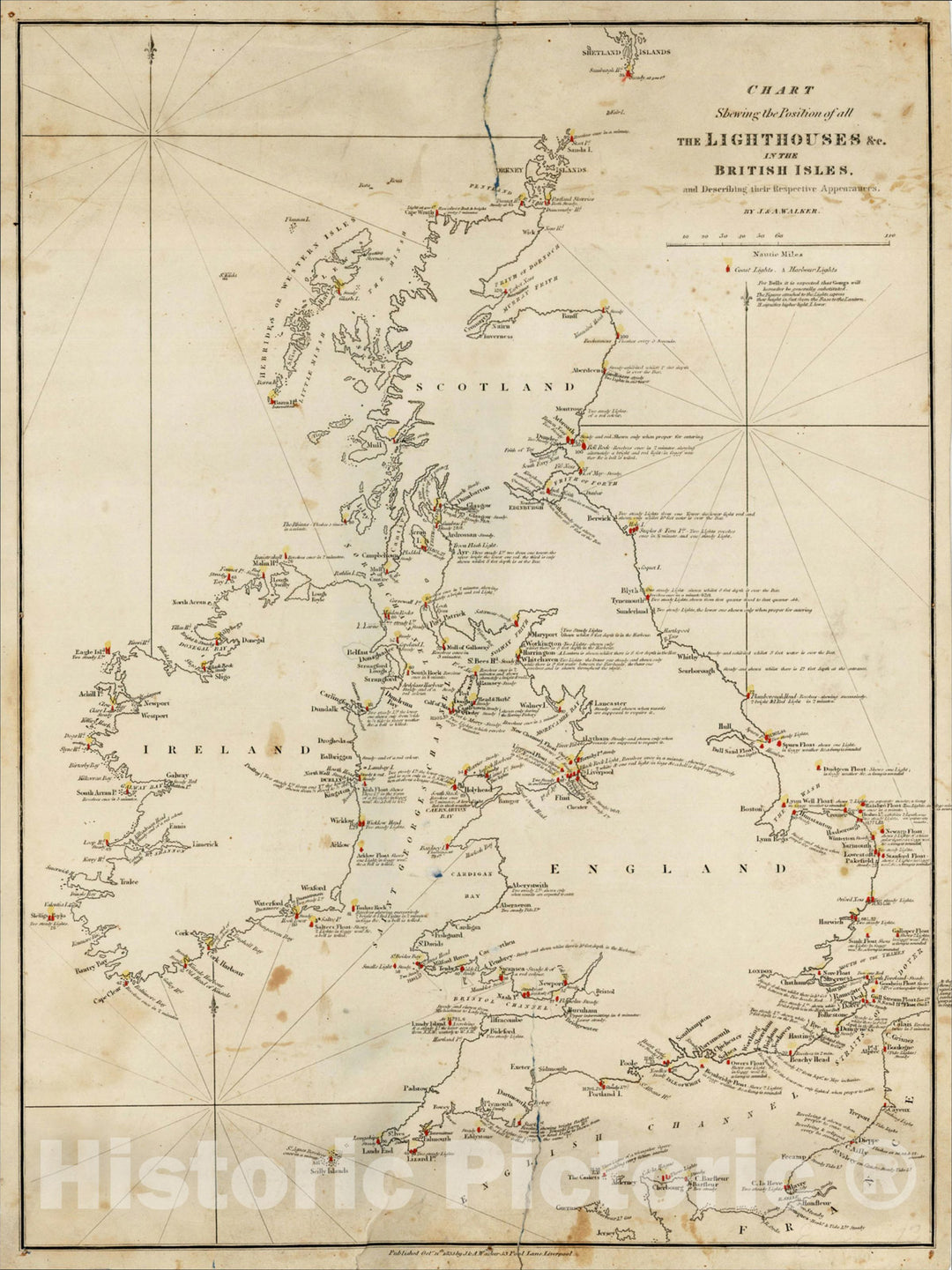 Historic Map : Chart Shewing the Position of all The Lighthouses &c. in the British Isles, and Describing their Respective Appearances., 1833, , Vintage Wall Art