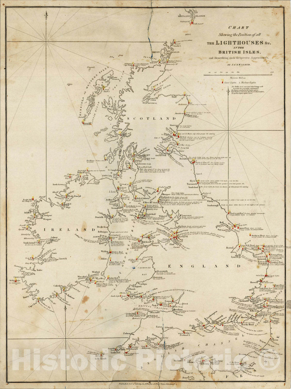 Historic Map : Chart Shewing the Position of all The Lighthouses &c. in the British Isles, and Describing their Respective Appearances., 1833, , Vintage Wall Art