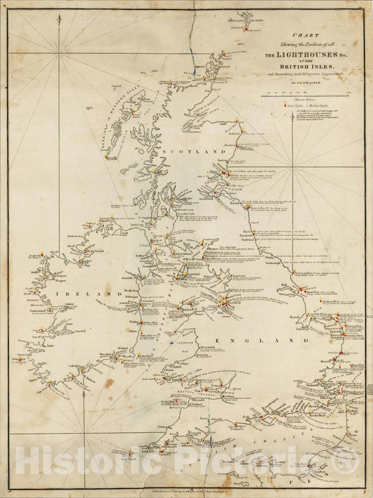 Historic Map : Chart Shewing the Position of all The Lighthouses &c. in the British Isles, and Describing their Respective Appearances., 1833, , Vintage Wall Art
