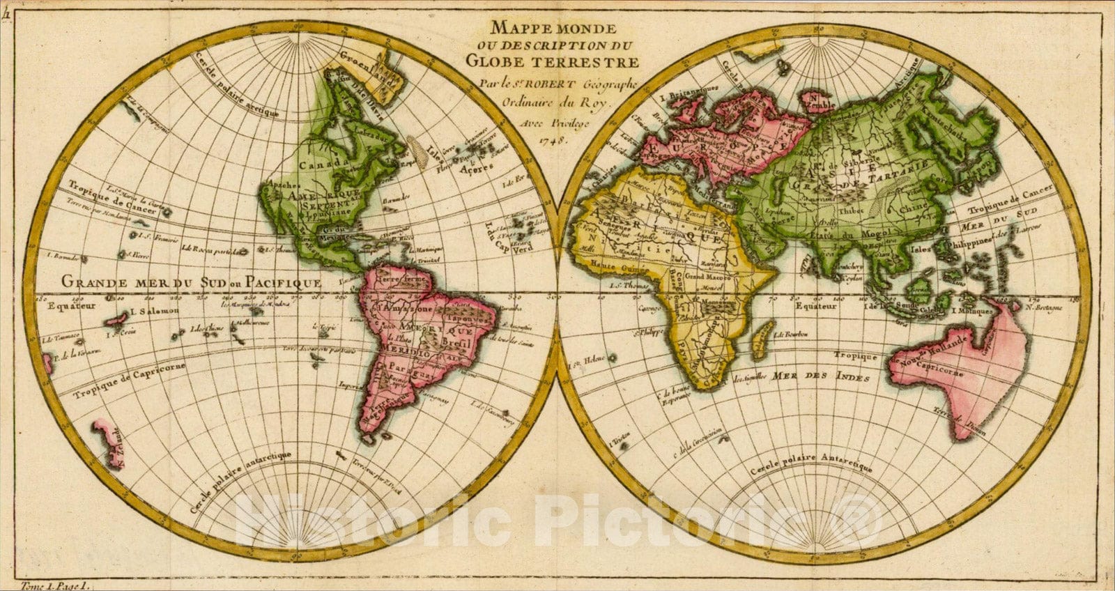 Historic Map : Mappe Monde ou Description Du Globe Terrestre, 1748, 1748, Gilles Robert de Vaugondy, Vintage Wall Art