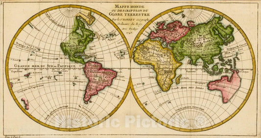 Historic Map : Mappe Monde ou Description Du Globe Terrestre, 1748, 1748, Gilles Robert de Vaugondy, Vintage Wall Art