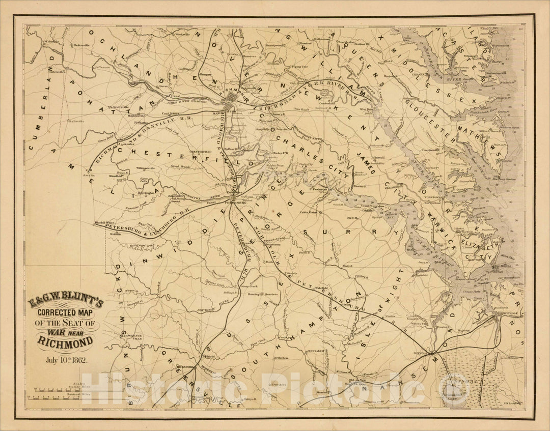 Historic Map : E & G.W. Blunt's Corrected Map of the Seat of War near Richmond July 10th 1862., 1862, E & GW Blunt, Vintage Wall Art