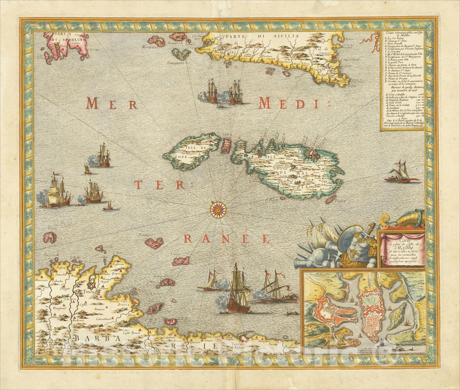 Historic Map : Carte et Plan de L'Isle de Malthe Et des Villes et forts avec le nouvelles fortifcation ainsy quellesont apresent, 1723, 1723, Guillaume Danet, Vintage Wall Art
