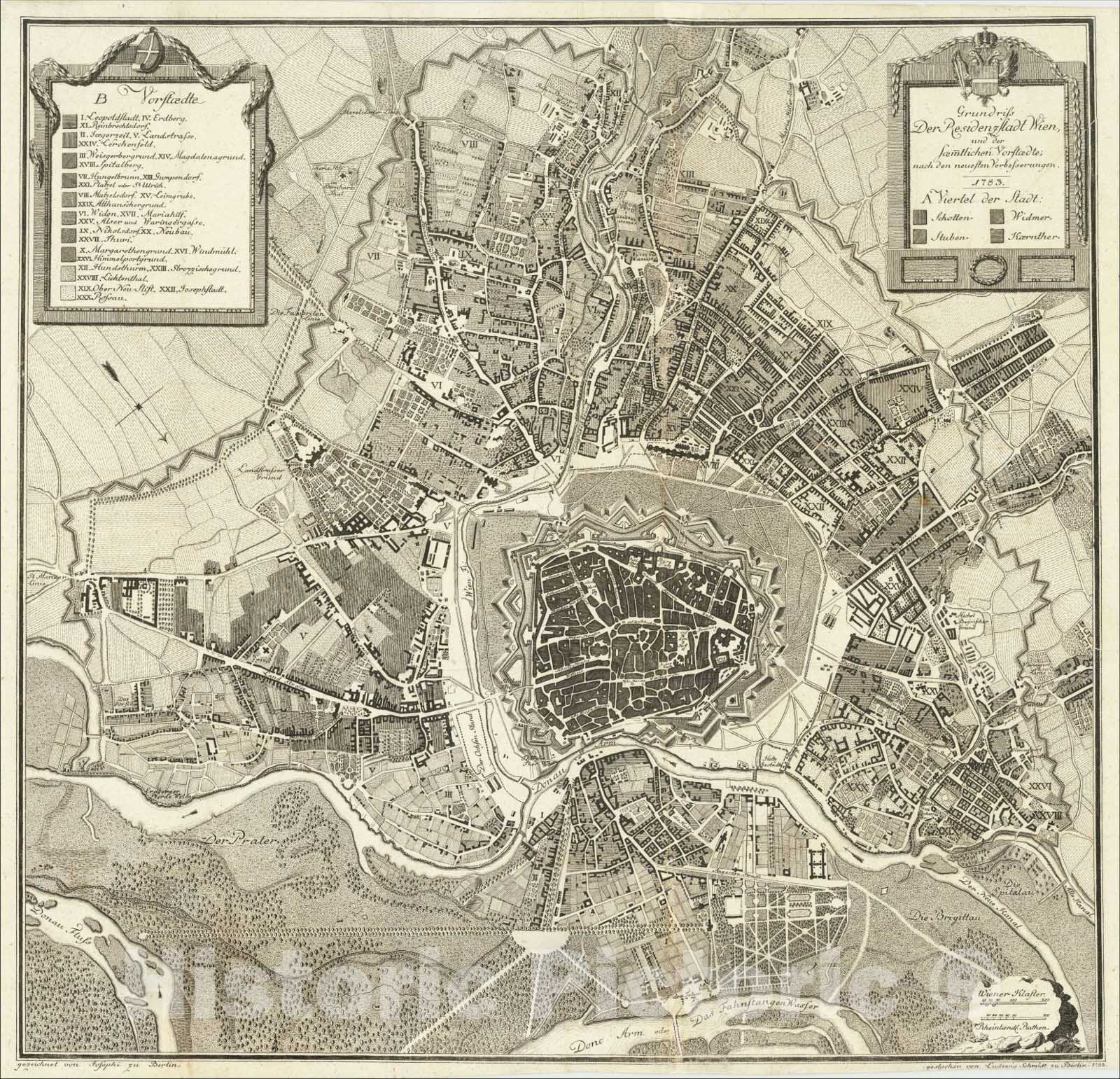 Historic Map : Grundriss Der Residenzstadt Wien und der seamtlichen vorstaedte 1783, 1783, Ludwig Schmidt, v1, Vintage Wall Art