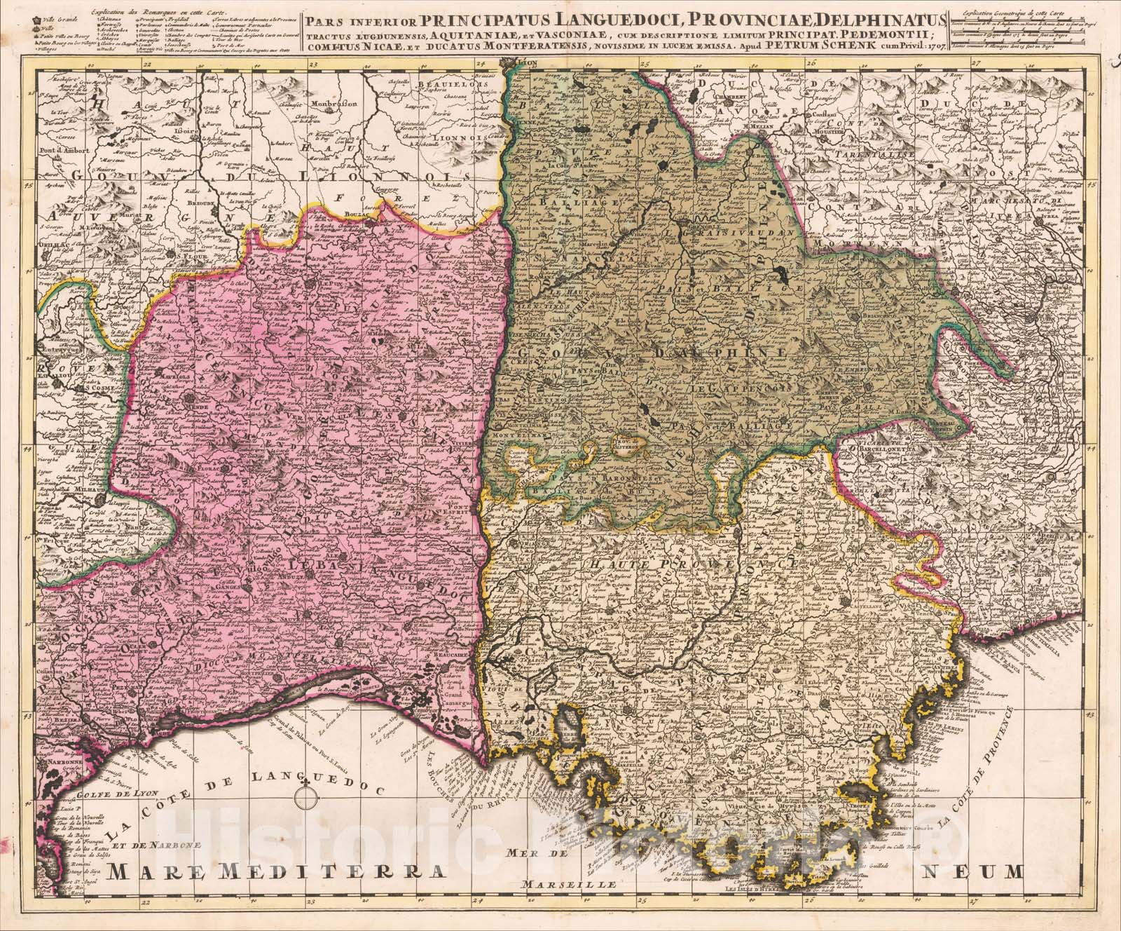 Historic Map : Pars Inferior Principatus Languedoci, Provinciae, Delphinatus, Tractus Lugdunensis, 1707, Peter Schenk, Vintage Wall Art