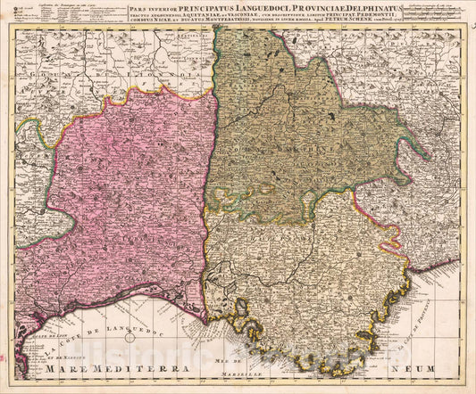 Historic Map : Pars Inferior Principatus Languedoci, Provinciae, Delphinatus, Tractus Lugdunensis, 1707, Peter Schenk, Vintage Wall Art
