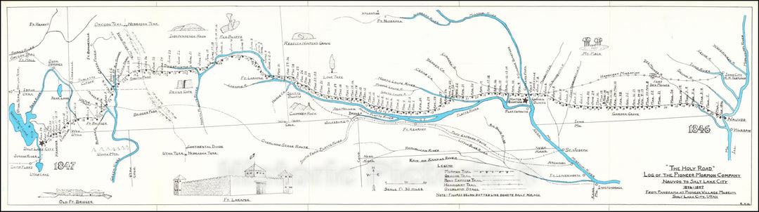 Historic Map : The Holy Road, Log of the Pioneer Mormon Company Nauvoo to Salt Lake City, c1970, Robert A. Hanson, Vintage Wall Art