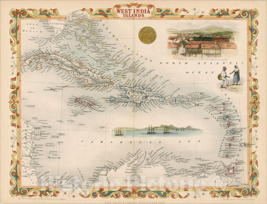 Historic Map : West India Islands, 1851, John Tallis, v2, Vintage Wall Art