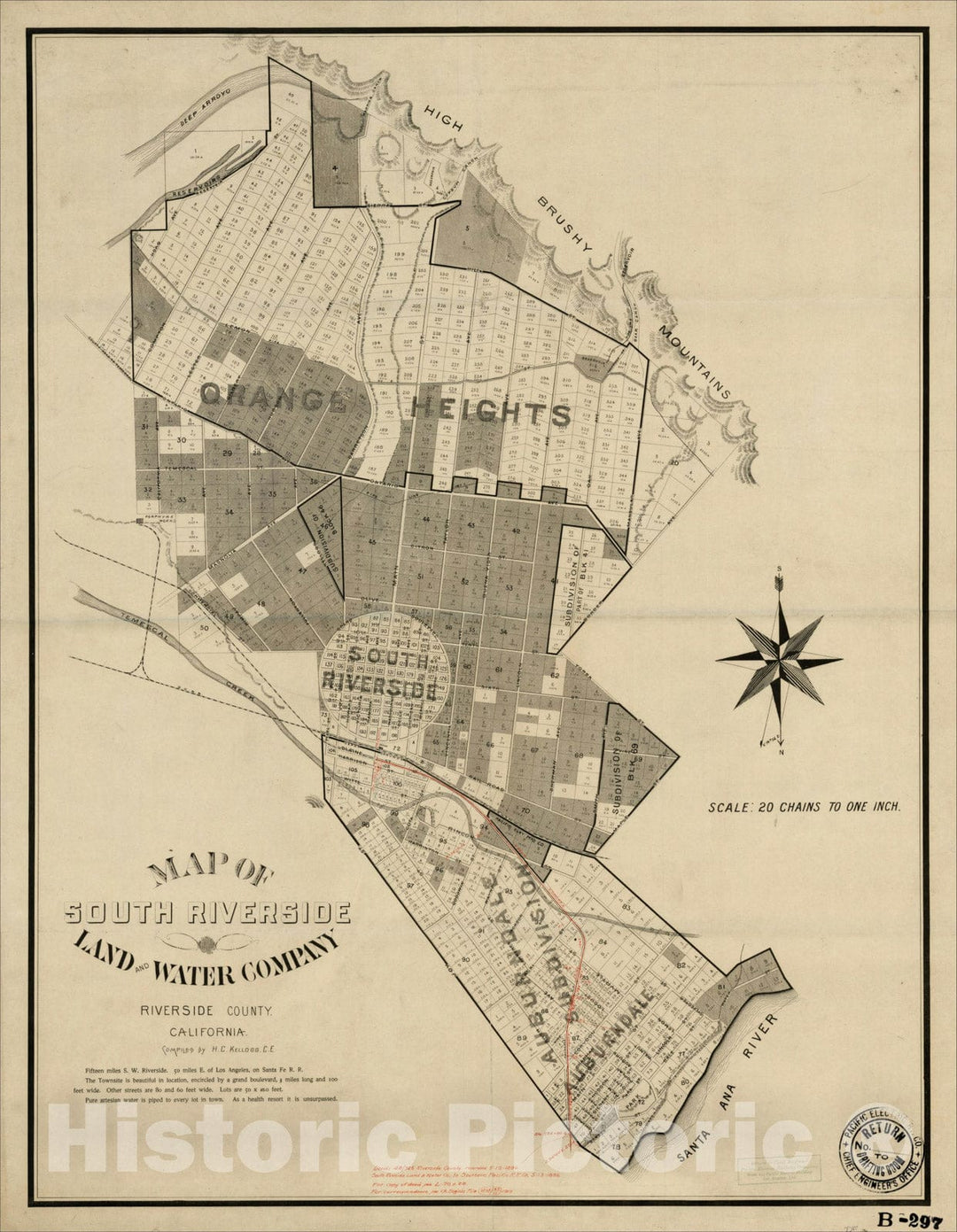 Historic Map : Map of South Riverside Land and Water Company, San Bernardino County, California, c1890, , Vintage Wall Art