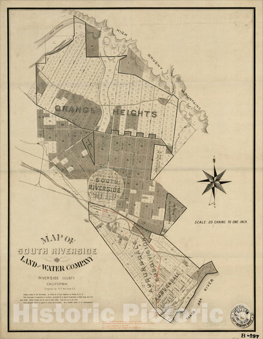 Historic Map : Map of South Riverside Land and Water Company, San Bernardino County, California, c1890, , Vintage Wall Art
