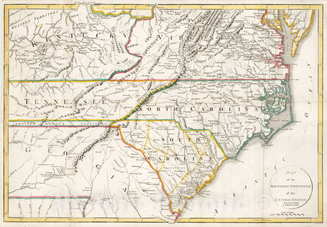 Historic Map : Map of the Southern Provinces of the United States, 1799, John Russell, Vintage Wall Art