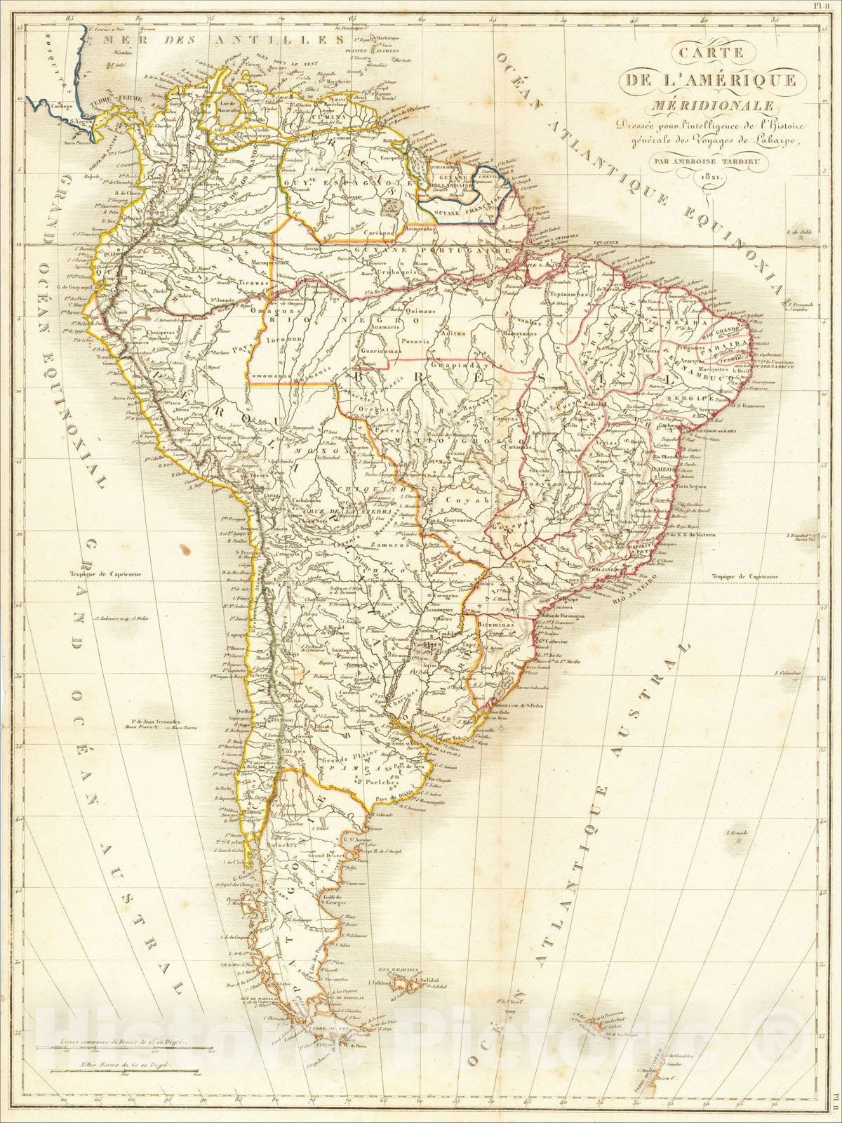 Historic Map : Carte De L'Amerique Meridionale Dressee pour l'intelligence de l'histoire generale des Voyages de Laharpe, 1821, 1821, Pierre Antoine Tardieu, Vintage Wall Art