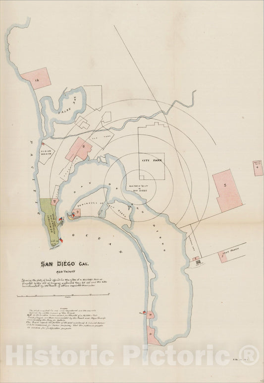 Historic Map : San Diego Cal. and Vicinity Showing the Plats of land offered for the site of a Military Pot, 1891, 1891, United States GPO, Vintage Wall Art