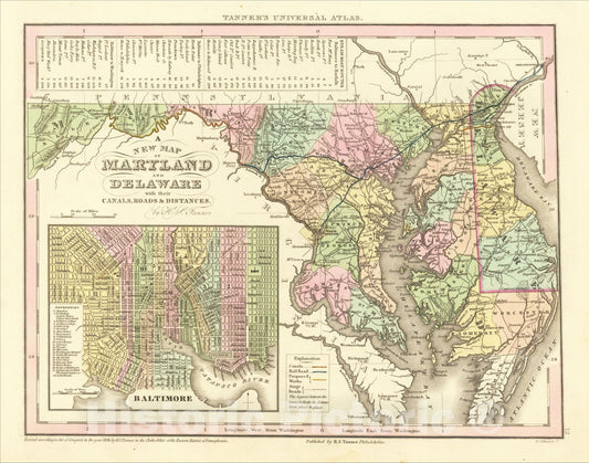 Historic Map : A New Map Of Maryland and Delaware with their Canals, Roads, Distances, 1836, Henry Schenk Tanner, Vintage Wall Art