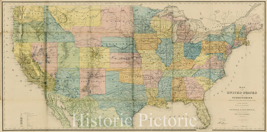 Historic Map : Map of the United States and Territories, Showing the extent of Public Surveys and other Details, 1867, U.S. General Land Office, Vintage Wall Art