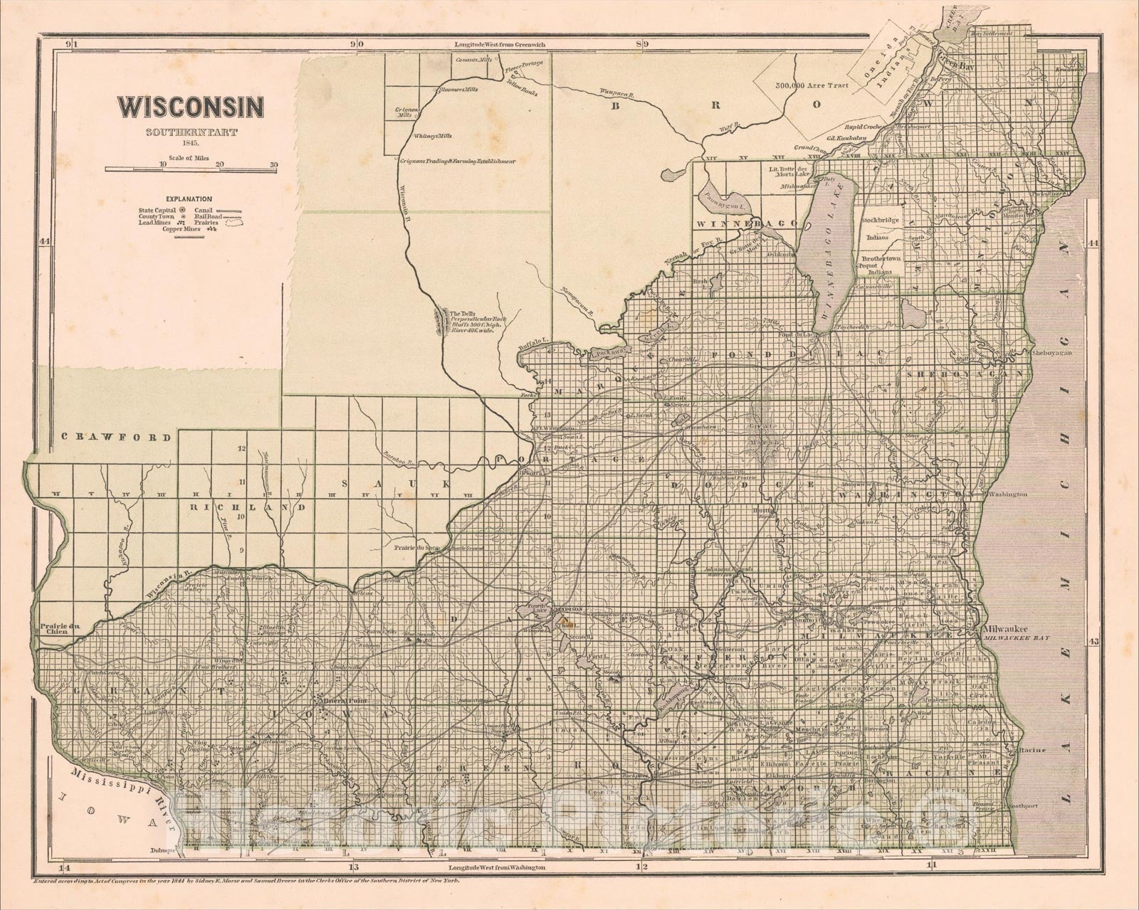 Historic Map : Wisconsin, Southern Part. 1845, 1845, Sidney Morse, Vintage Wall Art