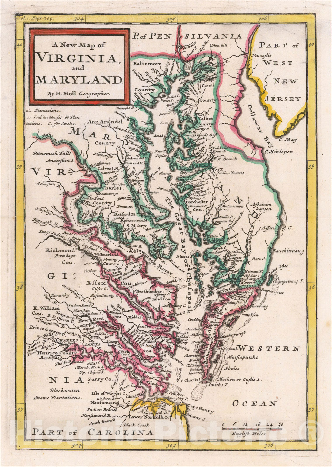 Historic Map : A New Map of Virginia and Maryland. By H. Moll Geographer, 1708, Herman Moll, Vintage Wall Art