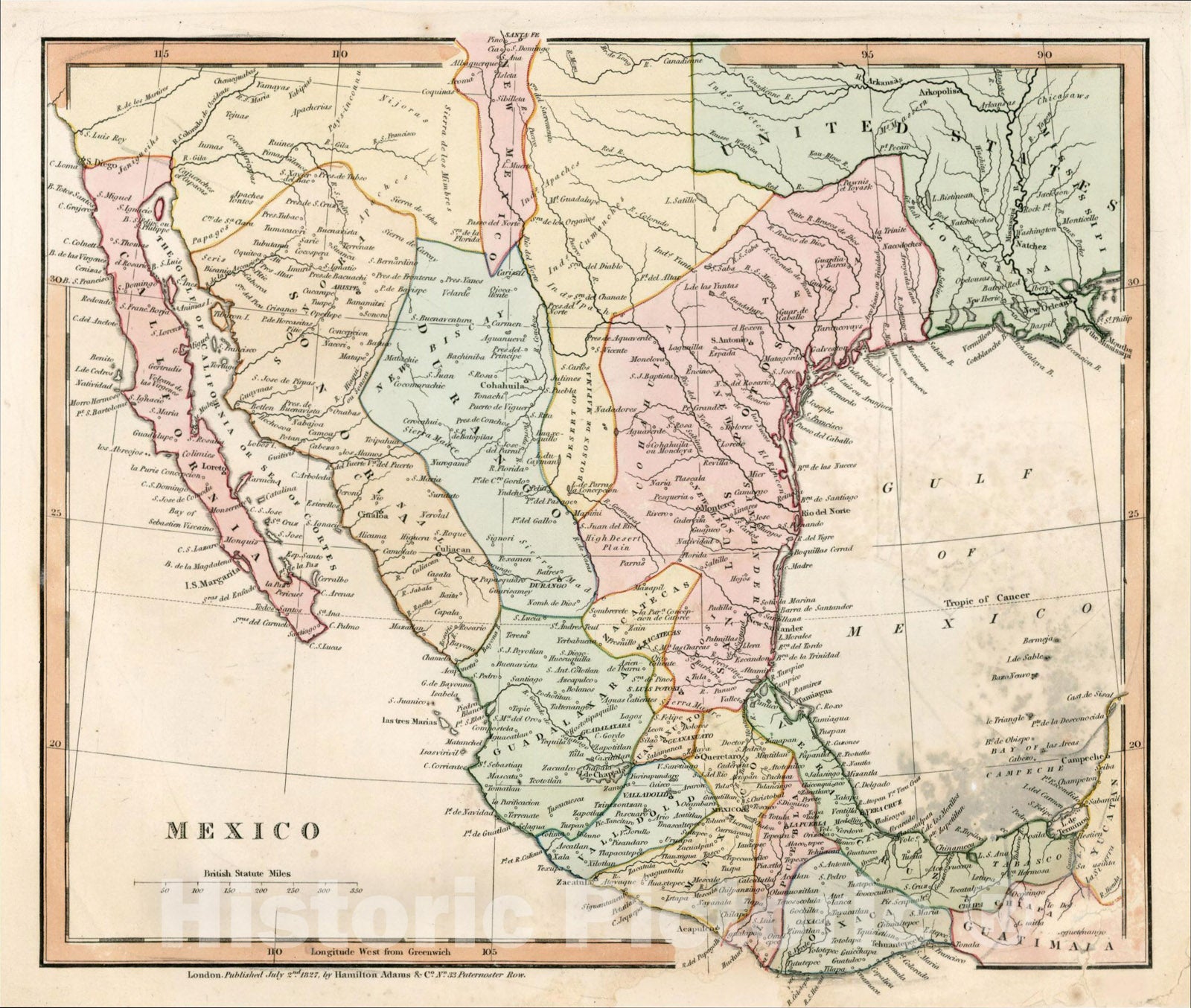 Historic Map : Mexico, 1827, Hamilton, Adams & Co., Vintage Wall Art