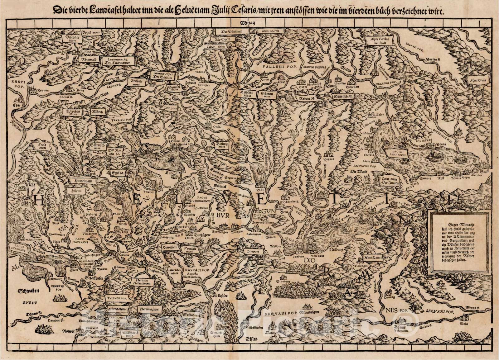 Historic Map : Die vierdt Landtafel haltet inn die alt Helvetiam Julij Cesaris, mit jren anstoeffen wie die im vierdeten buch verzeichnet wirc., c1550, , Vintage Wall Art