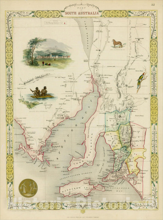 Historic Map : Part of South Australia, 1851, John Tallis, v3, Vintage Wall Art