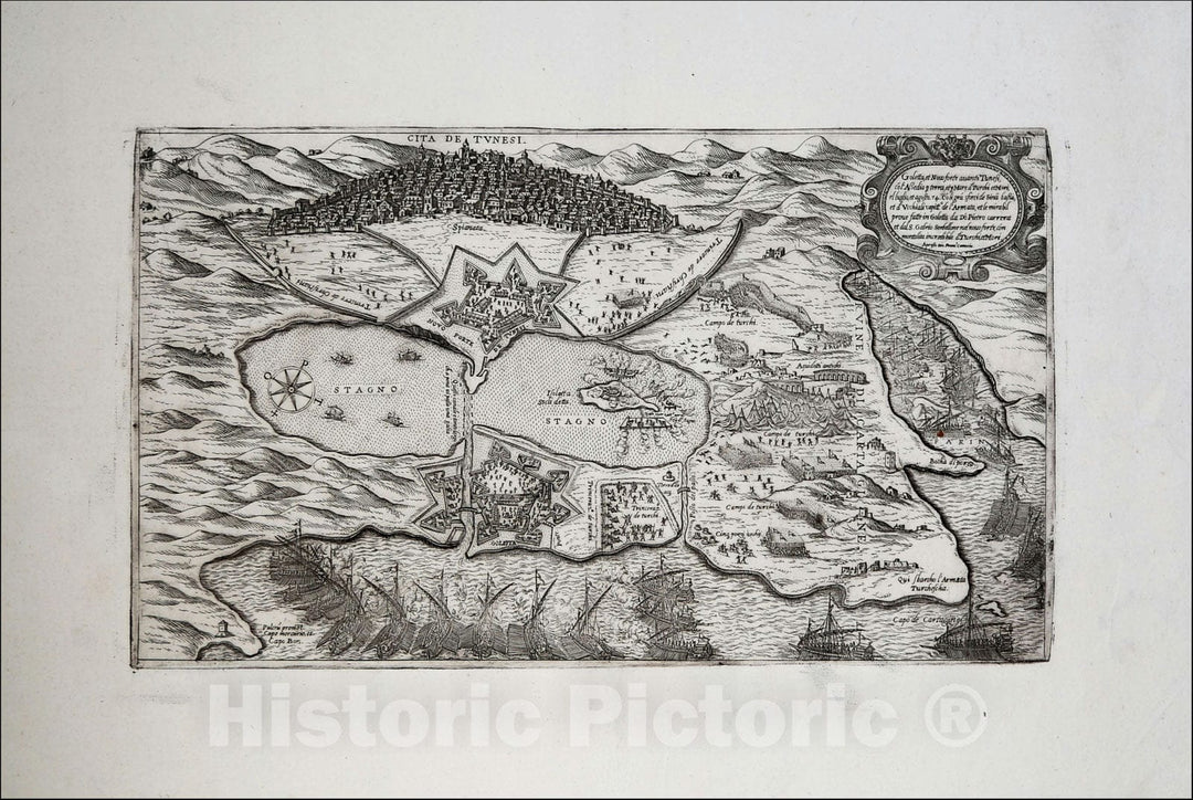 Historic Map : Goletta, et Novo forte avanti Tunes Turchi et Mori, el luglio, et agosto, 1574, Giovanni Francesco Camocio, Vintage Wall Art