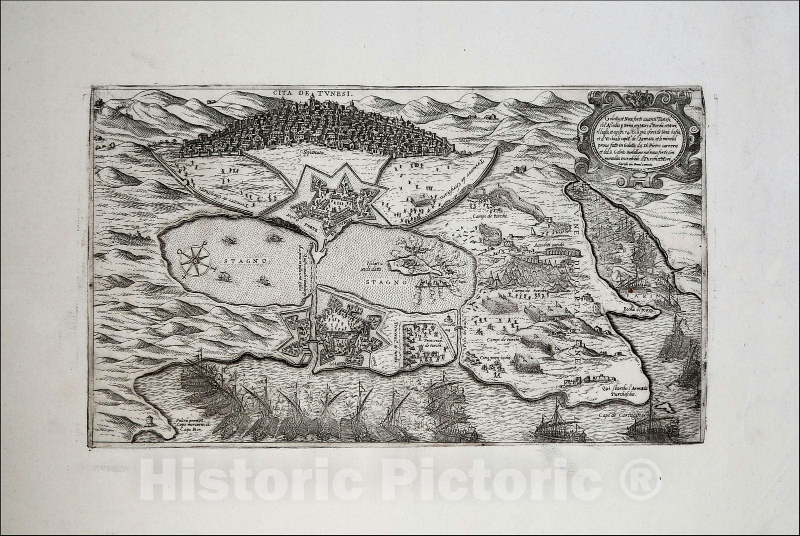 Historic Map : Goletta, et Novo forte avanti Tunes Turchi et Mori, el luglio, et agosto, 1574, Giovanni Francesco Camocio, Vintage Wall Art