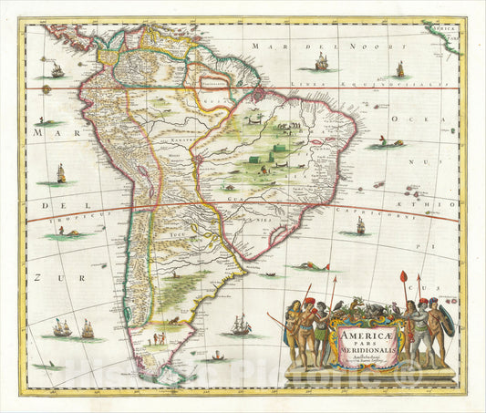 Historic Map : Americae Pars Meridionalis, c1635, Jan Jansson, Vintage Wall Art