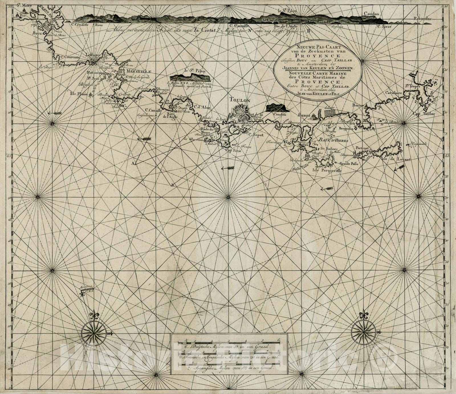 Historic Map : Niewe Pas-Caart van de Zee Kusten van Provence Tusschen Bouc en Caap Taillar , c1740, Johannes Van Keulen, Vintage Wall Art