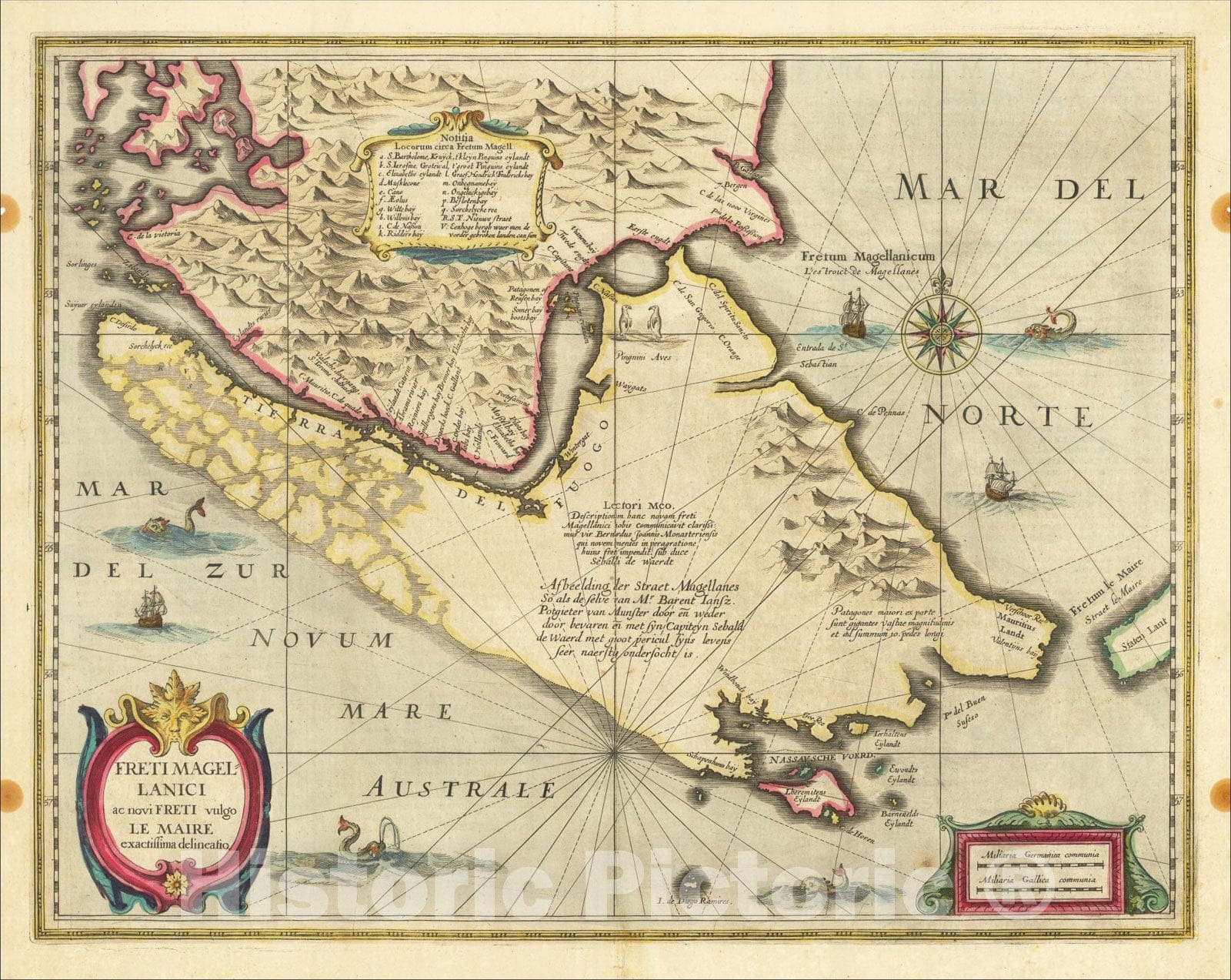 Historic Map : Freti Magellanici ac novi Freti vulgo Le Maire exactissima delineatio, 1635, Henricus Hondius, Vintage Wall Art