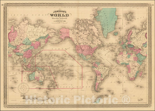 Historic Map : Johnson's Map of the World on Mercator's Projection, 1870, Alvin Jewett Johnson, Vintage Wall Art