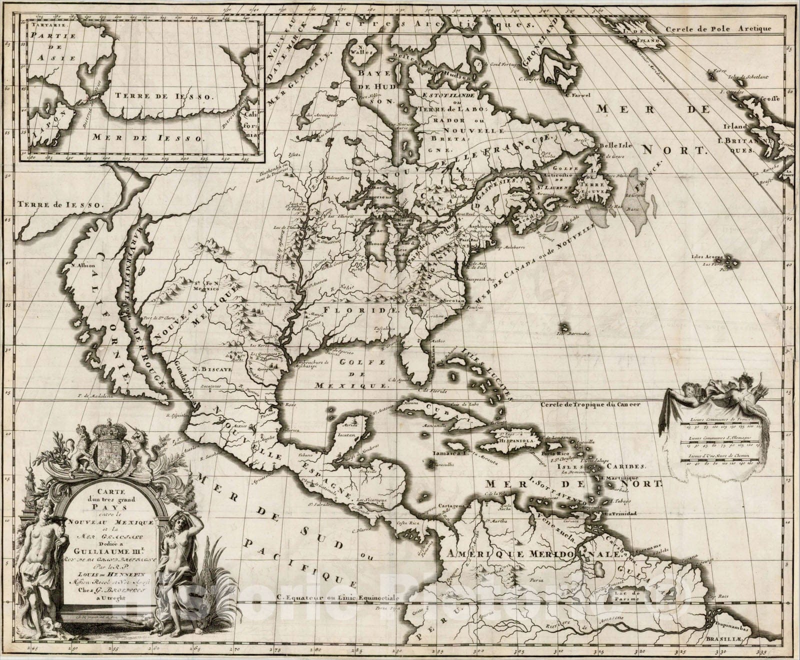 Historic Map : Carte d'un tres grand Pays entre le Nouveau Mexique et la Mer Glaciale dediee a Gulliaume IIIe, par le R.P. Hennepin, 1697, 1698, Vintage Wall Art