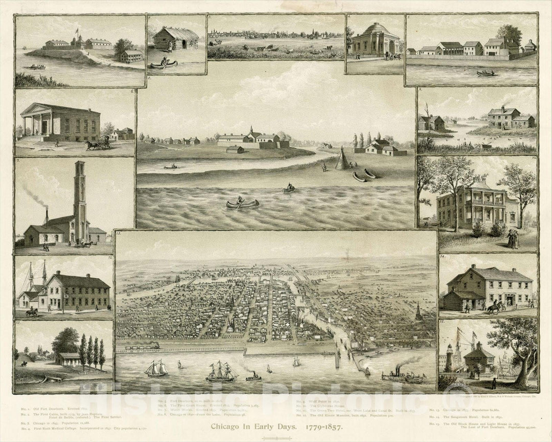 Historic Map : Chicago In Early Days. 1779-1857, 1893, , Vintage Wall Art