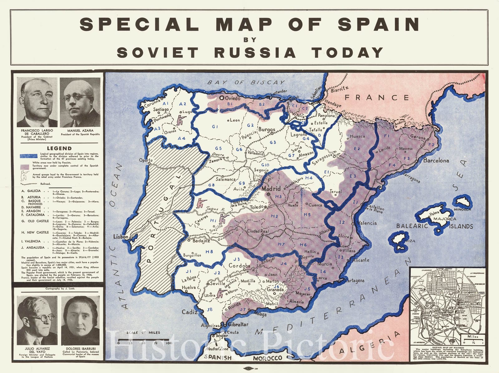 Historic Map : (Spanish Civil War - American Communist Viewpoint) Special Map of Spain by Soviet Russia Today, c1937, Friends of the Soviet Union, Vintage Wall Art