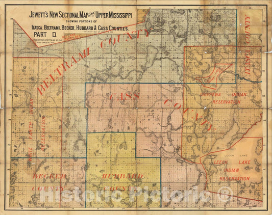 Historic Map : Sectional Map of the Upper Mississippi Showing Portions of Itasca, Beltrami, Becker, Hubbard & Cass Counties, 1891, Jewett & Son, Vintage Wall Art