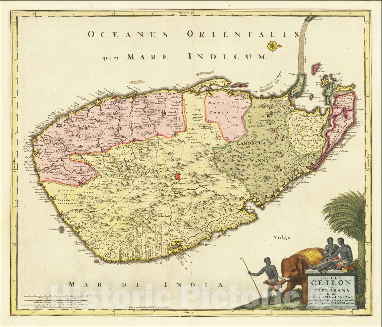 Historic Map : Insula Ceilon olim Taprobana Incolis Tenarisin et Lankawn exactissime deleineata nuperrime edita, 1685, Nicolaes Visscher I, Vintage Wall Art