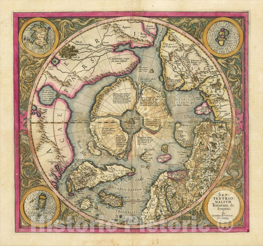 Historic Map : Septentrionalium Terrarum descriptio, 1595, Gerard Mercator, v1, Vintage Wall Art