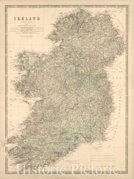 Ireland - Detailed County Map with Railways, 1861 | Historical Map Print