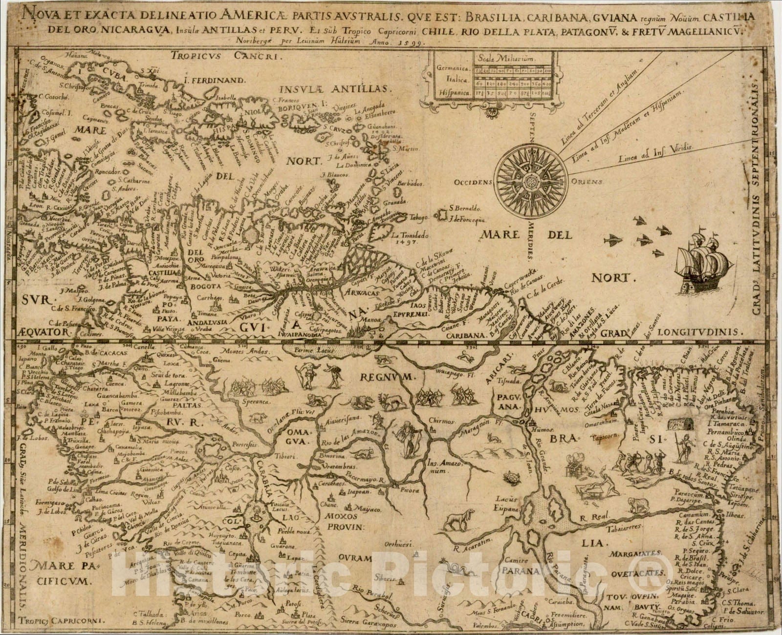 Historic Map : Nova et exacta delineatio Americae Partis Australis, 1599, Levinus Hulsius, Vintage Wall Art