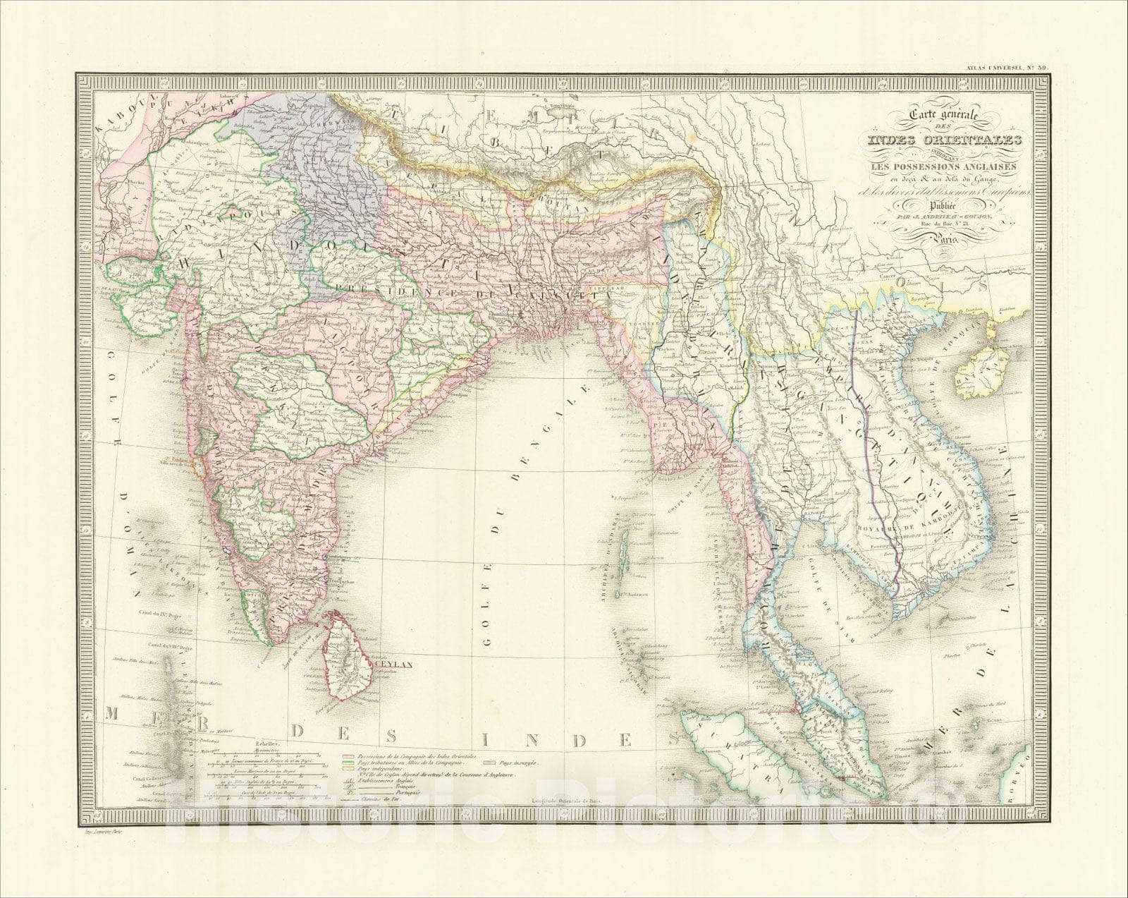 Historic Map : Carte Generale Des Indes Orientales Indiquant Les Possessions Anglaises, 1857, 1857, J. Andriveau-Goujon, Vintage Wall Art