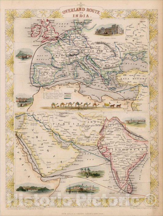 Historic Map : Overland Route To India, 1851, John Tallis, v1, Vintage Wall Art
