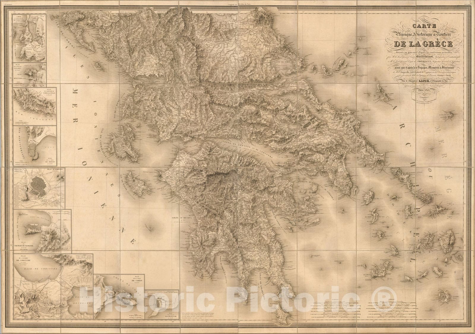 Historic Map : Carte physique, historique et routi?e de la Gr?e: dress? au 400,000, 1826, Pierre Lapie, Vintage Wall Art
