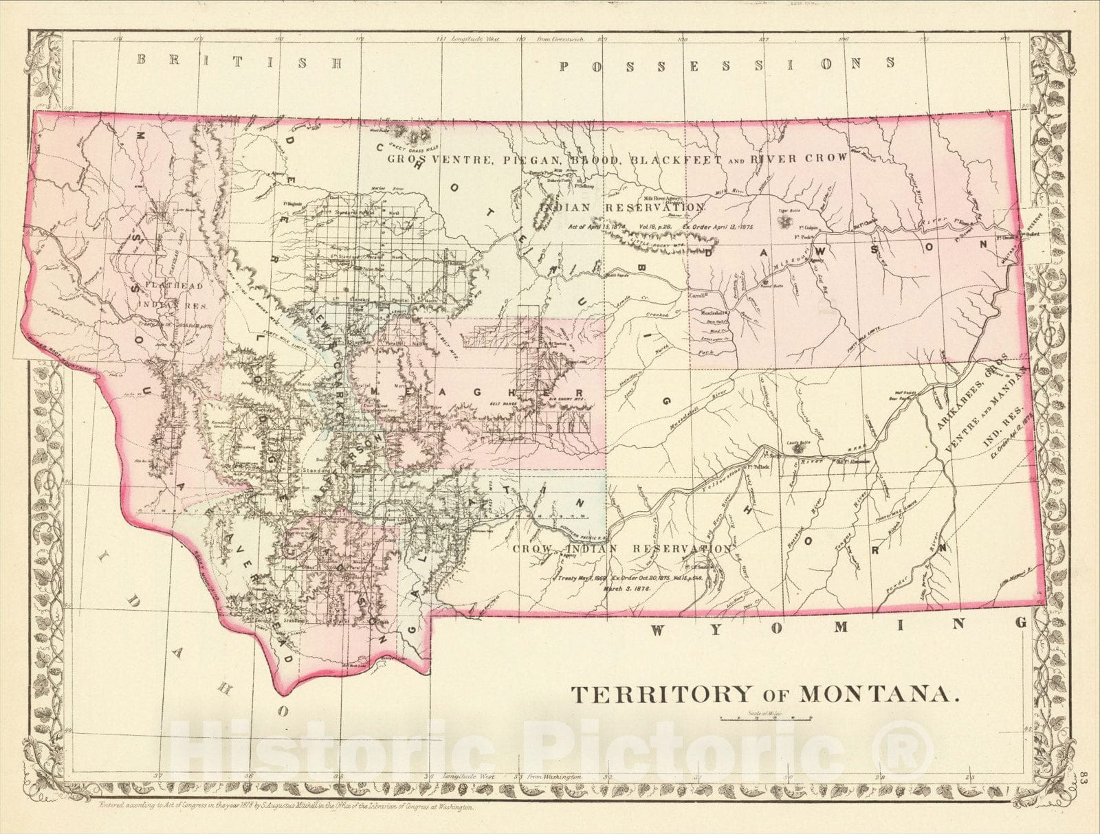 Historic Map : Territory of Montana, 1878, Samuel Augustus Mitchell Jr., Vintage Wall Art