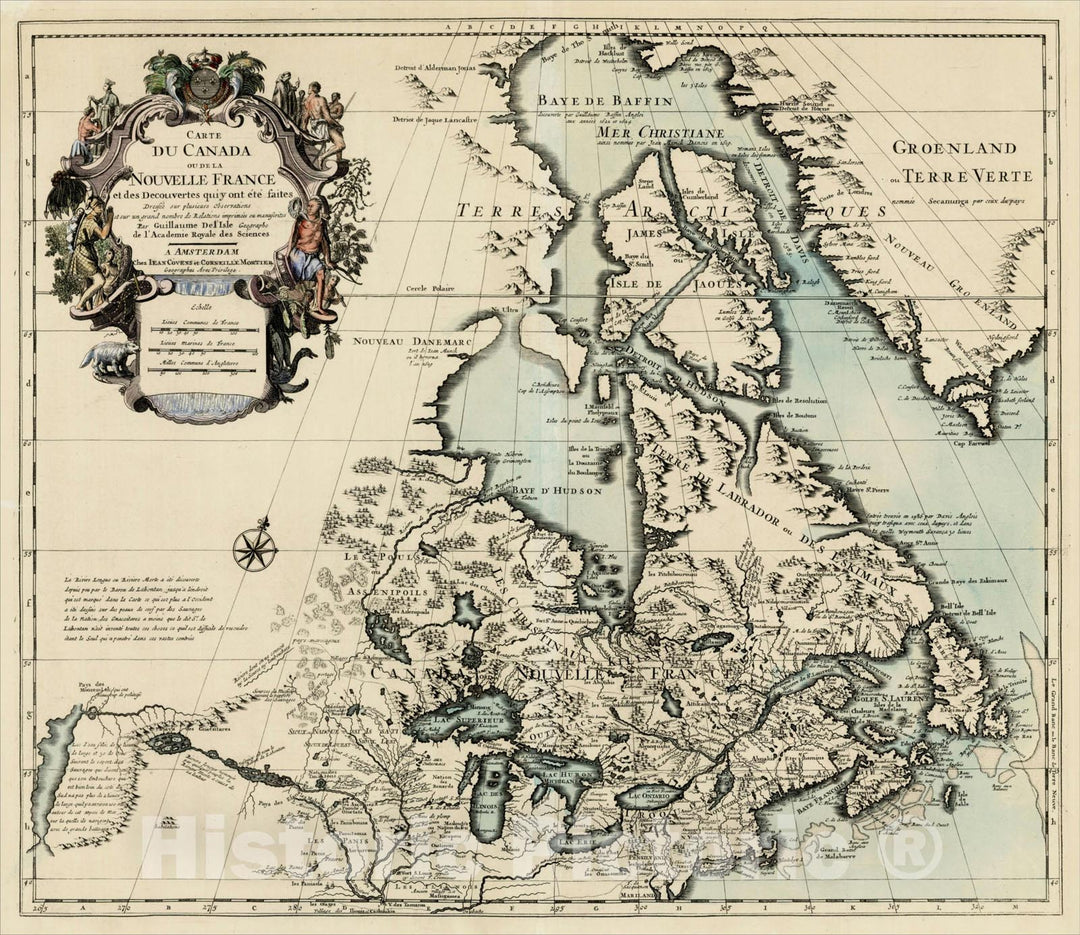 Historic Map : Carte Du Canada ou de la Nouvelle France et des Decouvertes qui y ont ete faites, c1730, , Vintage Wall Art