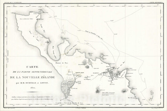 Historic Map : Carte de la Partie Septentrionale De La Nouvelle Zelande par M.M. Durville et Lotin 1831, 1831, , Vintage Wall Art