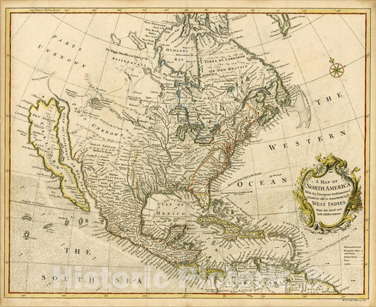 Historic Map : A Map of North America With the European Settlements & whatever else is remarkable in ye West Indies, 1745, , Vintage Wall Art