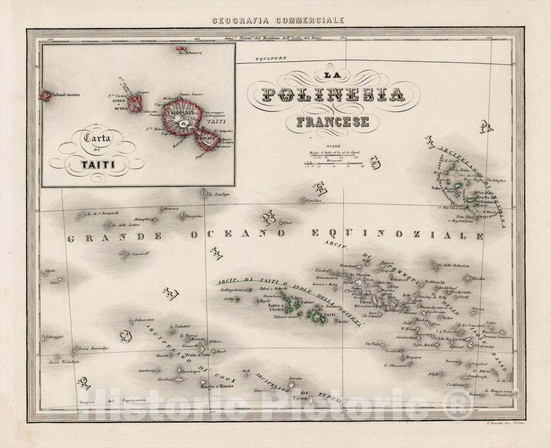 Historic Map : La Polinesia Francese (with inset of Tahiti), c1850, Francesco Marmocchi, Vintage Wall Art