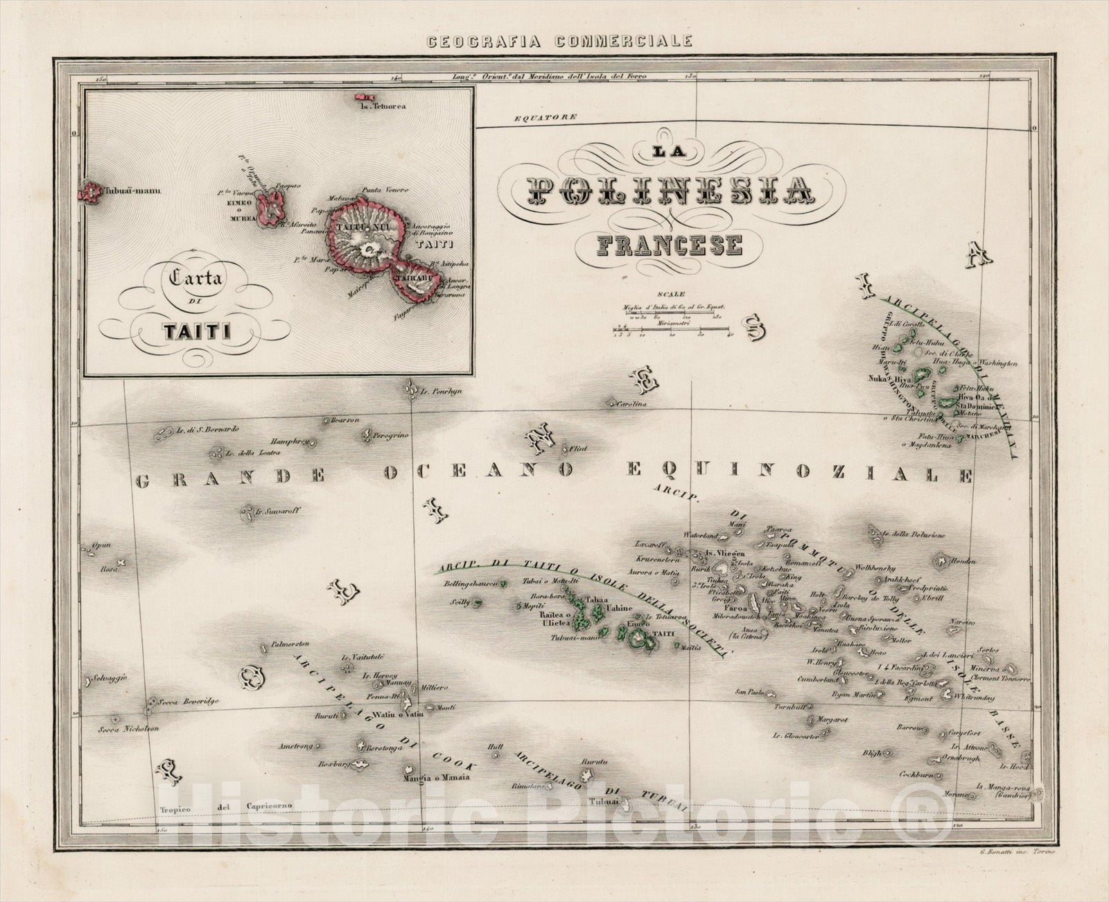Historic Map : La Polinesia Francese (with inset of Tahiti), c1850, Francesco Marmocchi, Vintage Wall Art