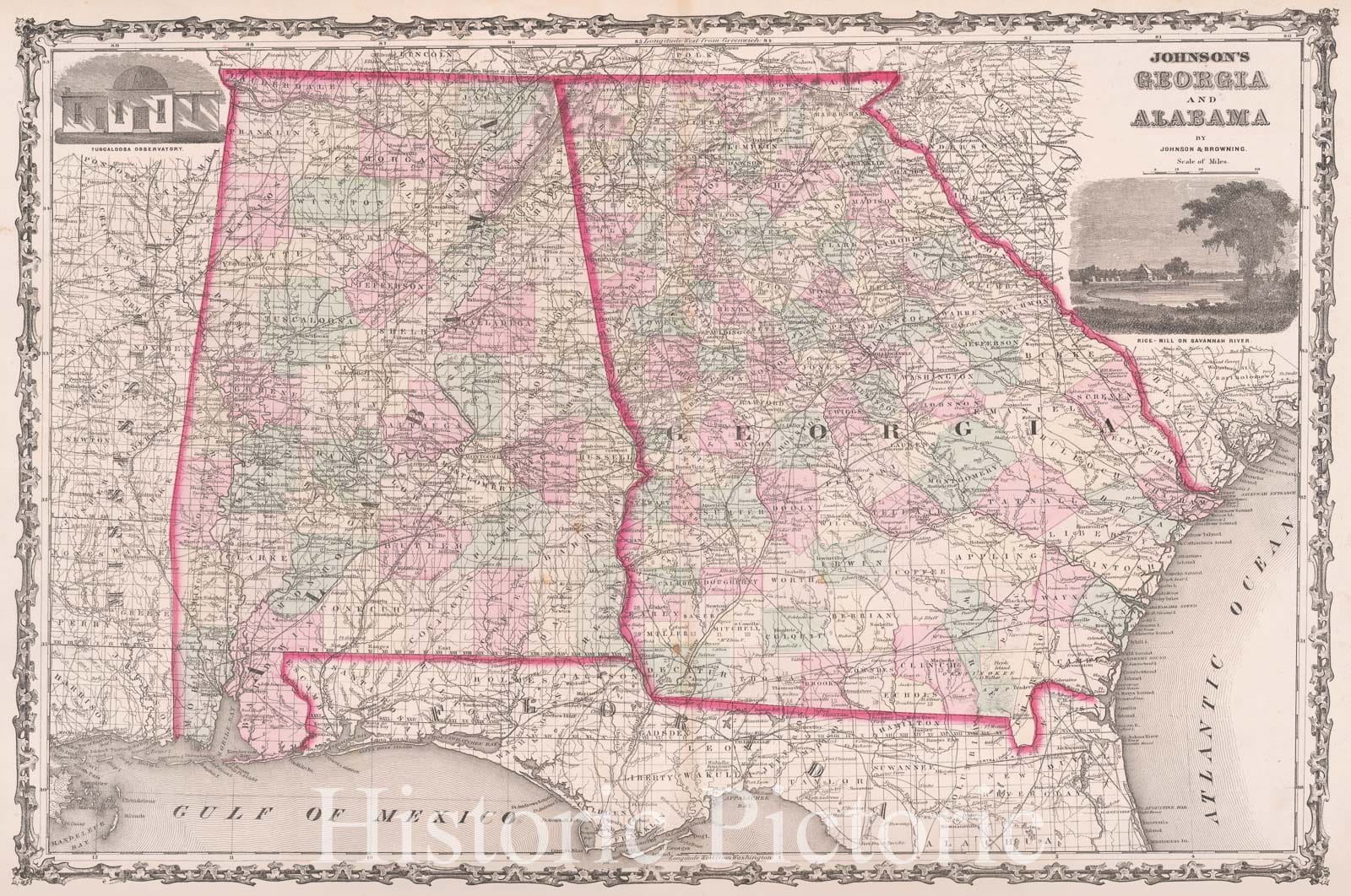 Historic Map : Johnson's Georgia and Alabama, 1861, Benjamin P Ward, Vintage Wall Art